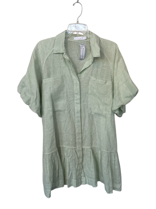 Jonathan Simkhai Size M Green & White Linen 3/4 Sleeve Striped Collar Dress Green & White / M