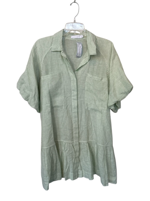 Jonathan Simkhai Size M Green & White Linen 3/4 Sleeve Striped Collar Dress Green & White / M