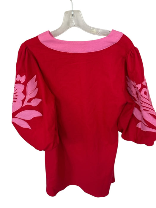 Jodifl Size M Red & Pink Linen Long Balloon Sleeve Flower Embroidered Dress Red & Pink / M