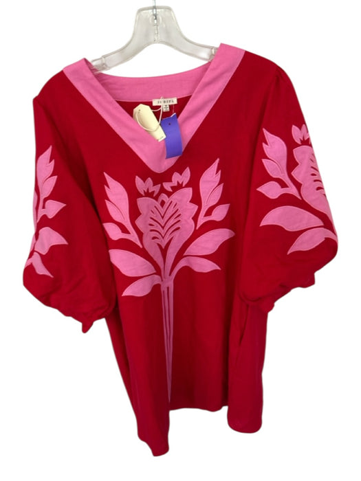 Jodifl Size M Red & Pink Linen Long Balloon Sleeve Flower Embroidered Dress Red & Pink / M