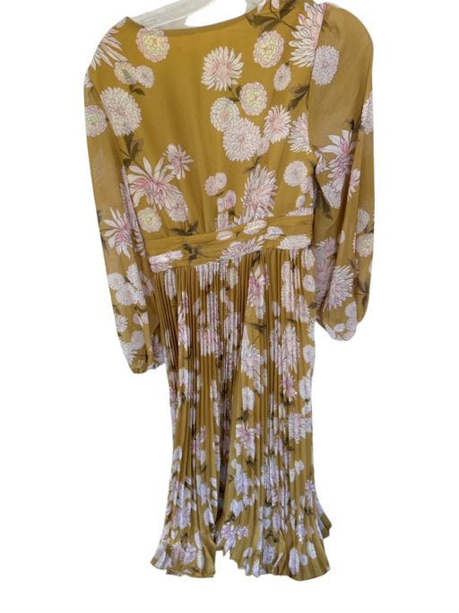 Size Est S Mustard & Pink Polyester Long Balloon Sleeve Flowers Pleated Dress Mustard & Pink / Est S