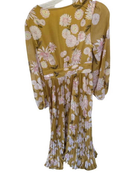 Size Est S Mustard & Pink Polyester Long Balloon Sleeve Flowers Pleated Dress Mustard & Pink / Est S