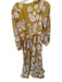 Size Est S Mustard & Pink Polyester Long Balloon Sleeve Flowers Pleated Dress Mustard & Pink / Est S