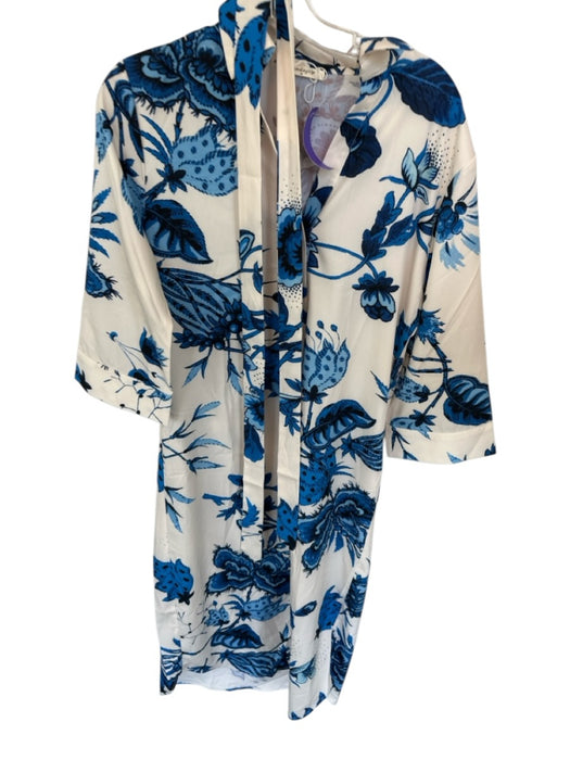 Sunday Up Size Est S Blue & Cream Polyester Long Sleeve Botanical Belted Dress Blue & Cream / Est S