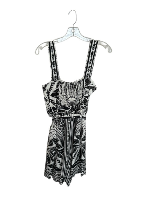 Farm Rio Size S White & Black Cotton Sleeveless Botanical Buttons Belted Romper White & Black / S