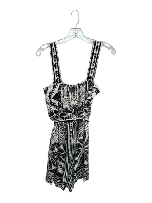 Farm Rio Size S White & Black Cotton Sleeveless Botanical Buttons Belted Romper White & Black / S