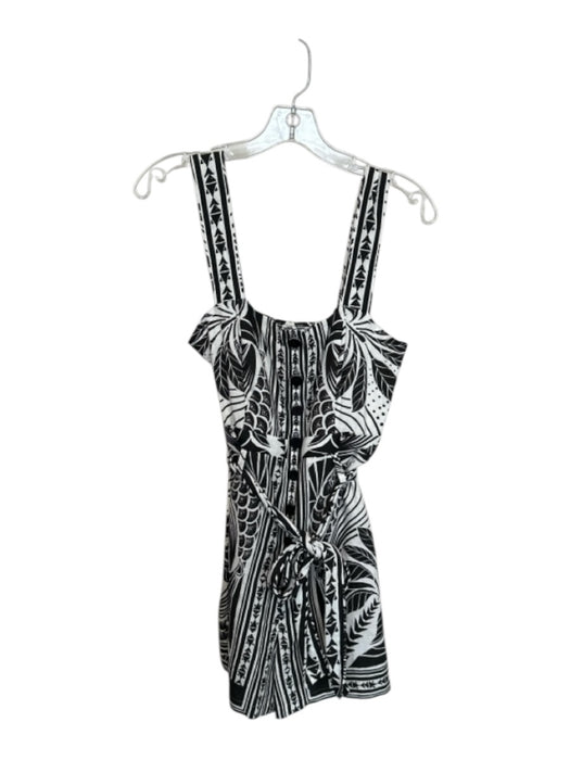 Farm Rio Size S White & Black Cotton Sleeveless Botanical Buttons Belted Romper White & Black / S