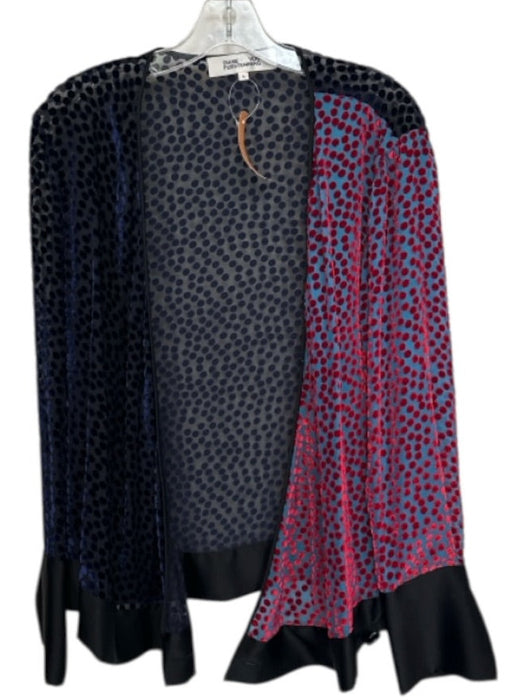 Diane Von Furstenberg Size M Navy & Red Silk Polka Dots Velvet Wrap Top Navy & Red / M