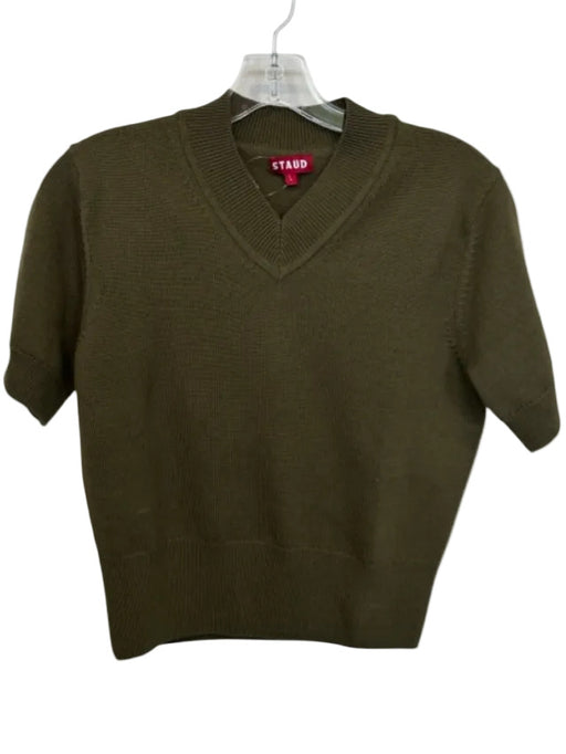 Staud Size L Olive Green Merino Wool Short Sleeve V Neck Elastic Waist Sweater Olive Green / L