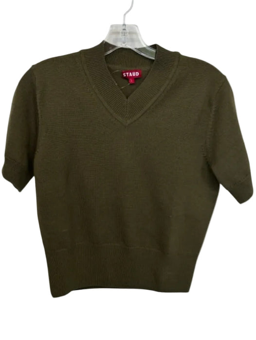 Staud Size L Olive Green Merino Wool Short Sleeve V Neck Elastic Waist Sweater Olive Green / L