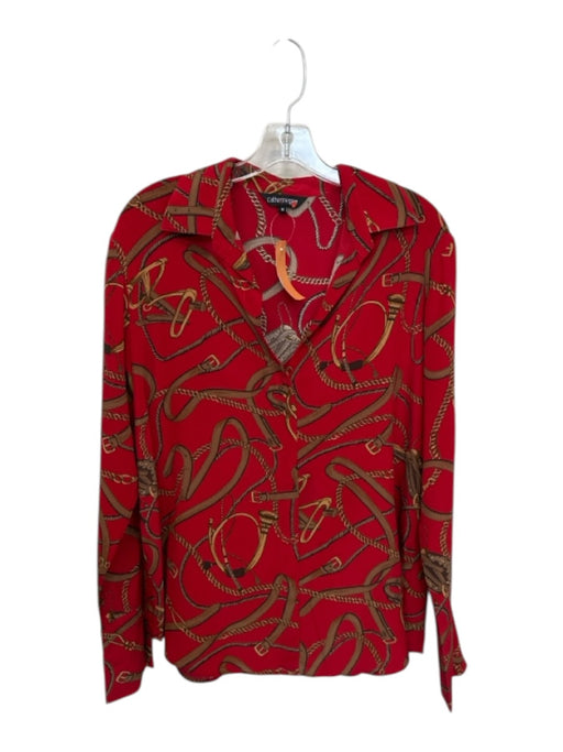 Catherine Gee Size M Red & Tan Silk Chains Buckle Long Sleeve Button Down Top Red & Tan / M