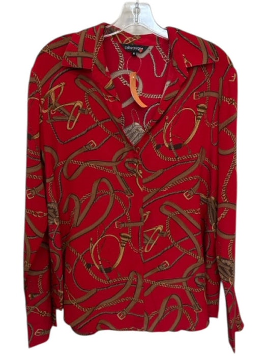 Catherine Gee Size M Red & Tan Silk Chains Buckle Long Sleeve Button Down Top Red & Tan / M