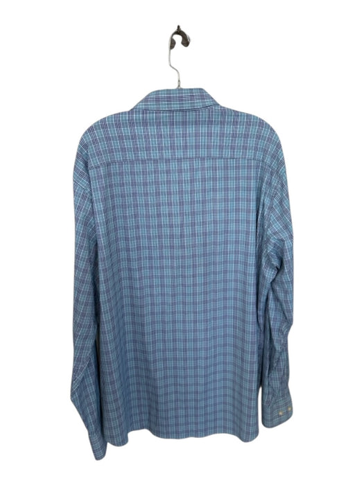 Peter Millar Size XL Navy & Aqua Blue Polyester Plaid Button Down Men's Shirt Navy & Aqua Blue / XL