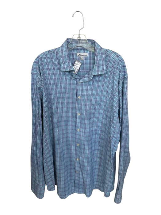 Peter Millar Size XL Navy & Aqua Blue Polyester Plaid Button Down Men's Shirt Navy & Aqua Blue / XL