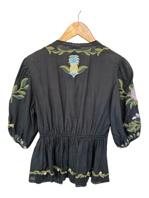 Farm Rio Size S Black & Purple Cotton Short Balloon Sleeve Flowers Top Black & Purple / S