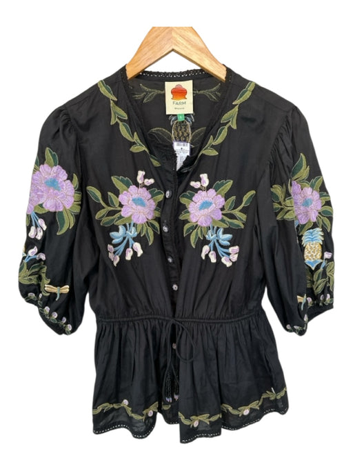 Farm Rio Size S Black & Purple Cotton Short Balloon Sleeve Flowers Top Black & Purple / S