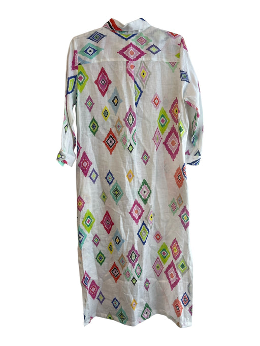 Vilagallo Size 40 White & Multi Linen Button Down Long Sleeve Collared Dress White & Multi / 40