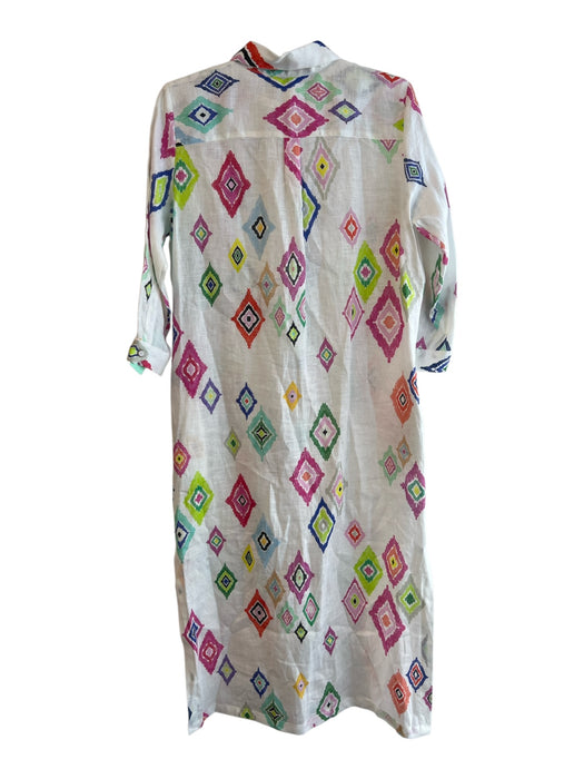 Vilagallo Size 40 White & Multi Linen Button Down Long Sleeve Collared Dress White & Multi / 40