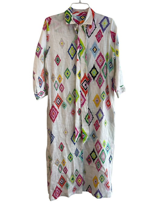 Vilagallo Size 40 White & Multi Linen Button Down Long Sleeve Collared Dress White & Multi / 40
