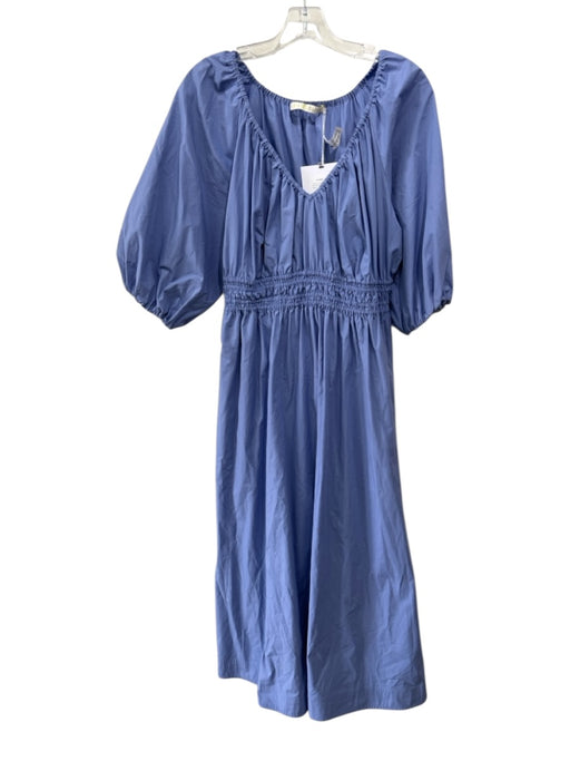Marie Oliver Size Small Light Blue Cotton Short Puff Sleeve V Neck Midi Dress Light Blue / Small