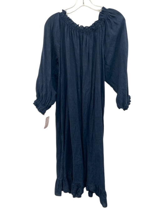 Sleeper Size One Size Navy Blue Linen Semi Sheer Balloon Sleeve Midi Dress Navy Blue / One Size