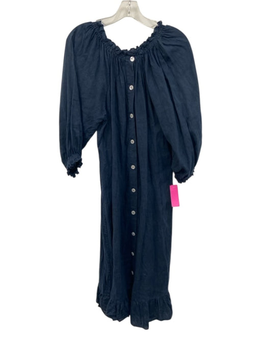 Sleeper Size One Size Navy Blue Linen Semi Sheer Balloon Sleeve Midi Dress Navy Blue / One Size