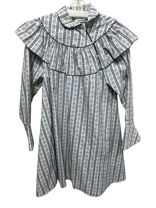 Batsheva Size S White & Blue Cotton Striped Collar Detail Long Sleeve Dress White & Blue / S