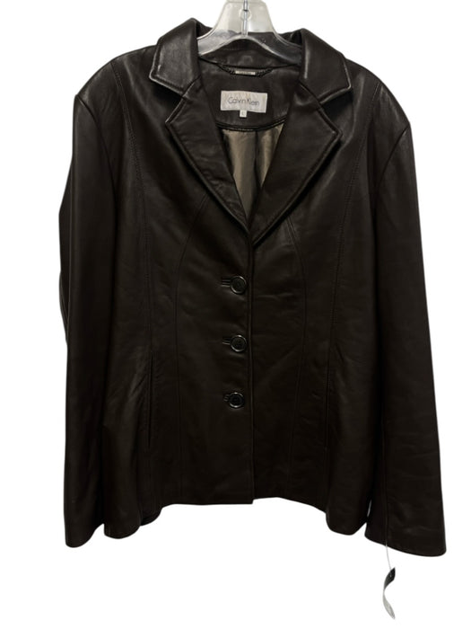 Calvin Klein Size L Dark Brown Leather 3 Button Collar Jacket Dark Brown / L