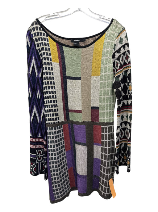 Desigual Size L Multicolor Scoop Neck Shimmer Knit Print Block Dress Multicolor / L