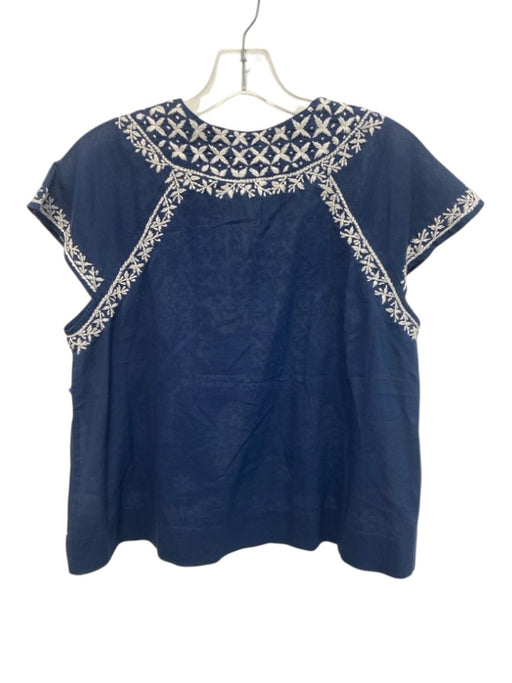 Ro's Garden Size S Dark Blue & White Cotton Cap Sleeve Floral Embroidery Top Dark Blue & White / S