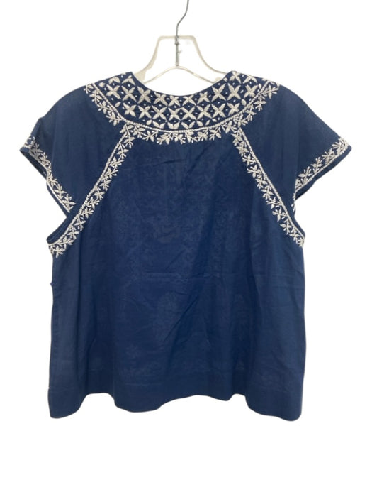 Ro's Garden Size S Dark Blue & White Cotton Cap Sleeve Floral Embroidery Top Dark Blue & White / S