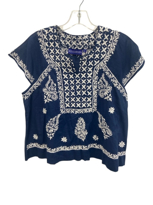 Ro's Garden Size S Dark Blue & White Cotton Cap Sleeve Floral Embroidery Top Dark Blue & White / S