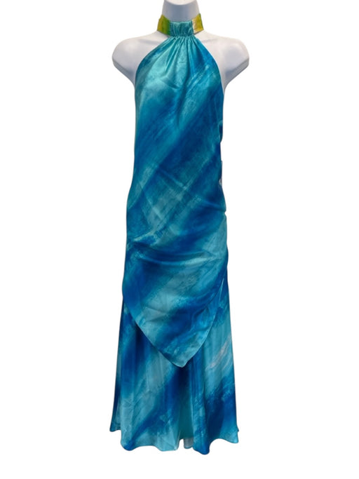 Josie Natori Size M Mixed Blues Silk Halter Brushstroke Satin Maxi Skirt Set Mixed Blues / M