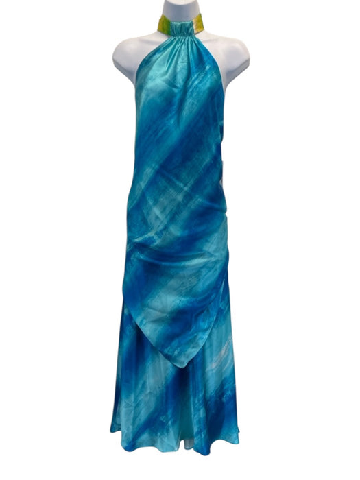 Josie Natori Size M Mixed Blues Silk Halter Brushstroke Satin Maxi Skirt Set Mixed Blues / M