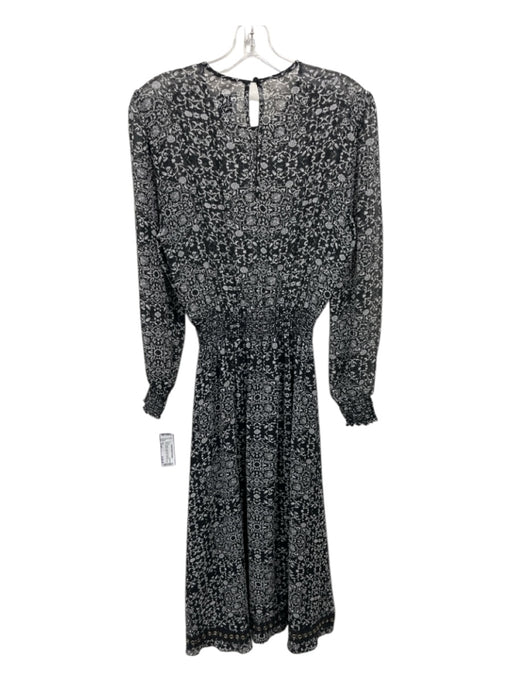 Misa Size Small Black & White Long Sheer Sleeves Floral Elastic Waist Midi Dress Black & White / Small