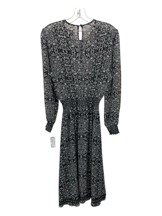 Misa Size Small Black & White Long Sheer Sleeves Floral Elastic Waist Midi Dress Black & White / Small