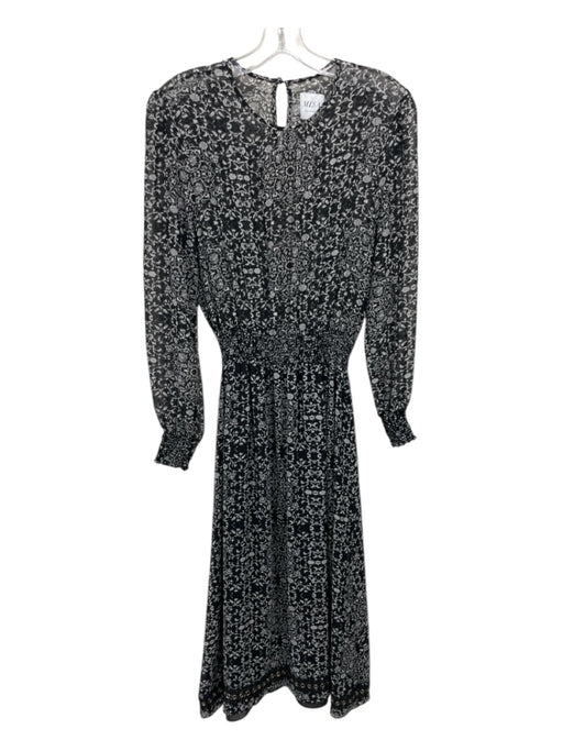 Misa Size Small Black & White Long Sheer Sleeves Floral Elastic Waist Midi Dress Black & White / Small