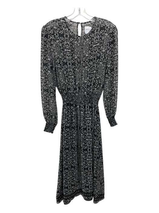 Misa Size Small Black & White Long Sheer Sleeves Floral Elastic Waist Midi Dress Black & White / Small