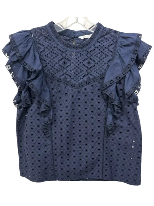 Veronica Beard Size 10 Navy Blue Cotton Tiered Ruffle Cap Sleeve Eyelet Top Navy Blue / 10