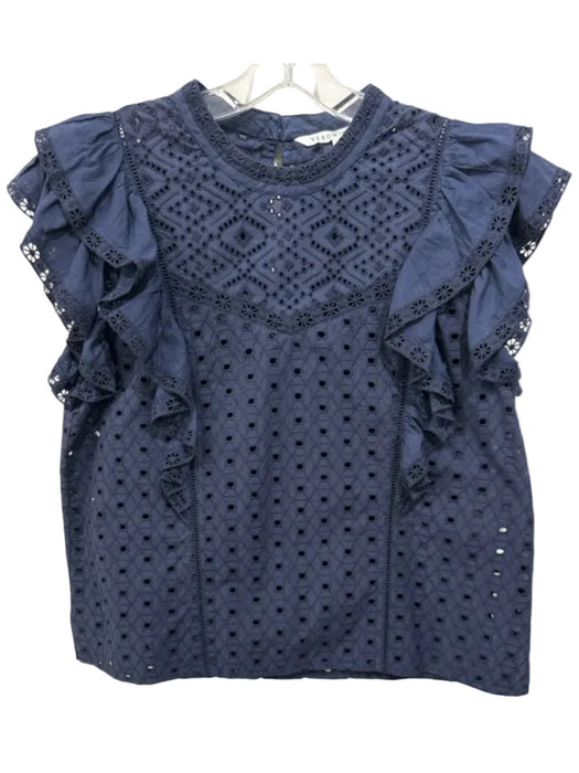 Veronica Beard Size 10 Navy Blue Cotton Tiered Ruffle Cap Sleeve Eyelet Top Navy Blue / 10