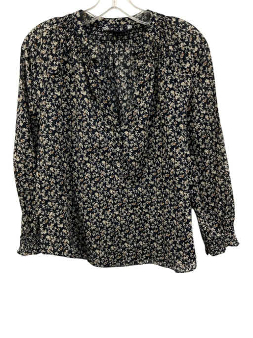 Veronica Beard Size S Navy & Multi Cotton Long Sleeve Floral Split Neck Top Navy & Multi / S