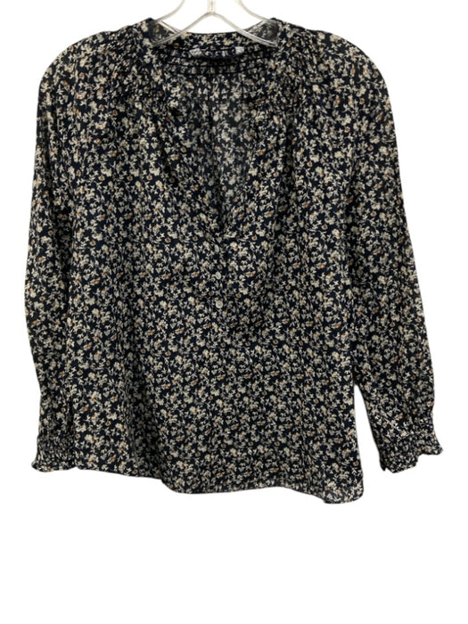 Veronica Beard Size S Navy & Multi Cotton Long Sleeve Floral Split Neck Top Navy & Multi / S