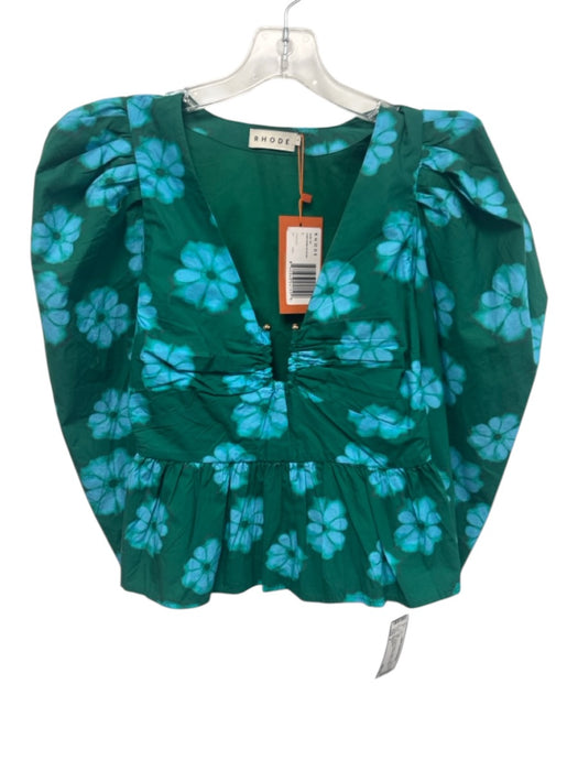 Rhode Size 2 Green & Blue Organic Cotton Puff 3/4 Sleeve Floral Abstract Top Green & Blue / 2