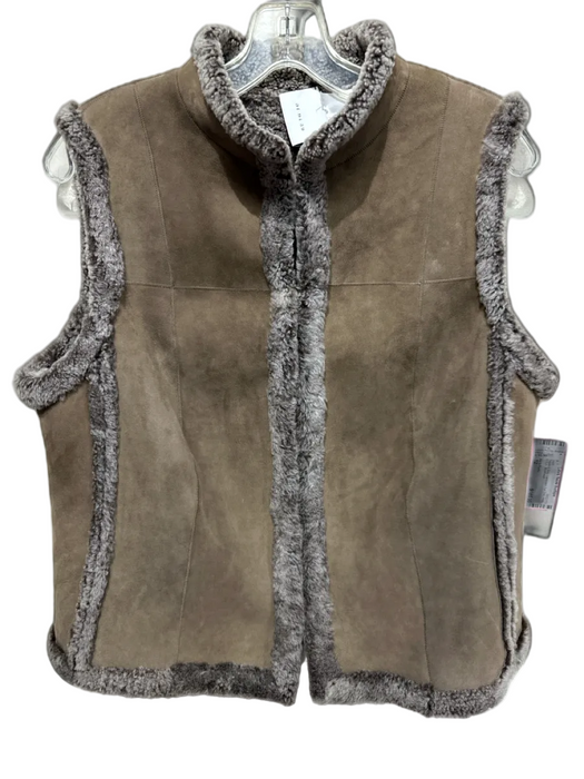 Akris Punto Size 12 Taupe & Gray Lambskin Fur Trim Hook & Eye Vest Taupe & Gray / 12