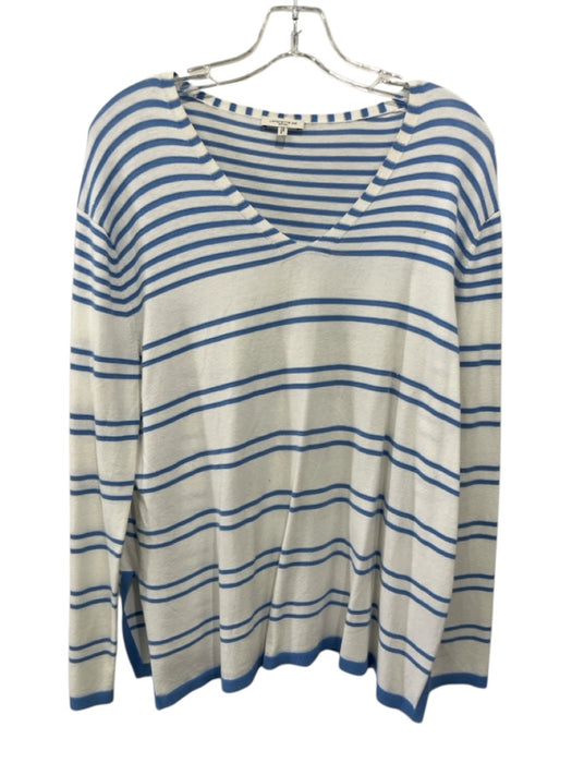 Lafayette 148 Size M White & Blue Viscose Striped Metallic Thread V Neck Sweater White & Blue / M
