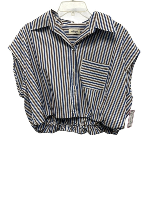 Ottod'Ame Size 6 White, Blue & Brown Cotton Striped Sleeveless Button Up Top White, Blue & Brown / 6