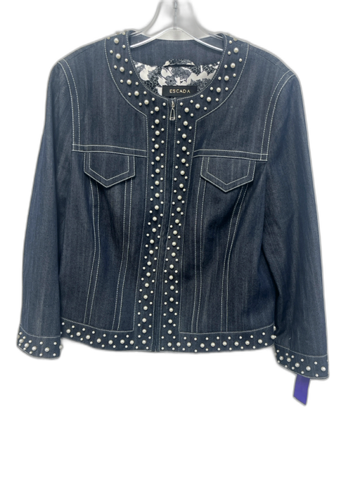 Escada Size 42 Mid Wash Polyester Front Zip Pearl accents Crew Neck Jacket Mid Wash / 42
