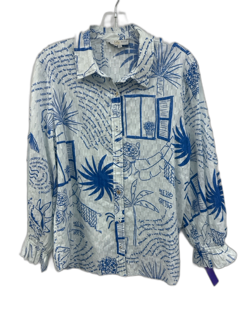 Never Fully Dressed Size 8 Blue & White Cotton Multi print Collar neck Top Blue & White / 8