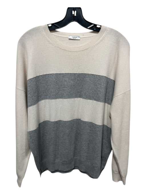 Peserico Size L / 46 Cream & Gray Virgin Wool & Silk Stripe Crew Neck Sweater Cream & Gray / L / 46