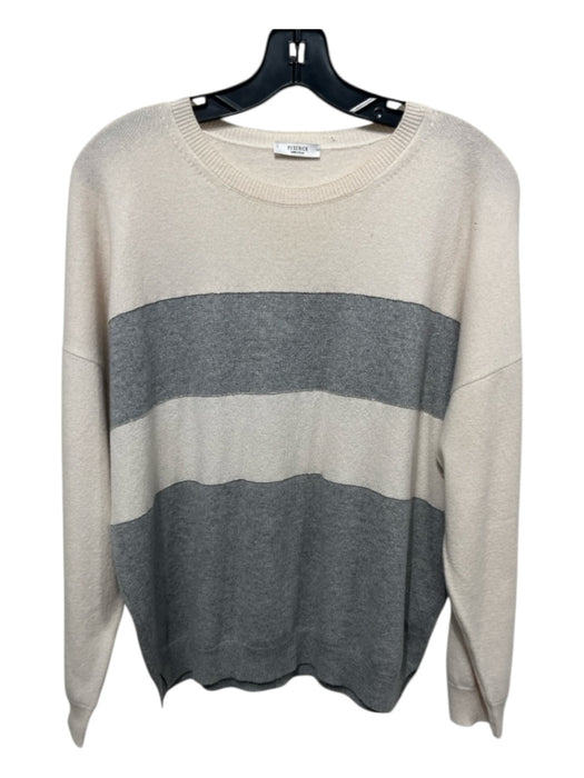 Peserico Size L / 46 Cream & Gray Virgin Wool & Silk Stripe Crew Neck Sweater Cream & Gray / L / 46